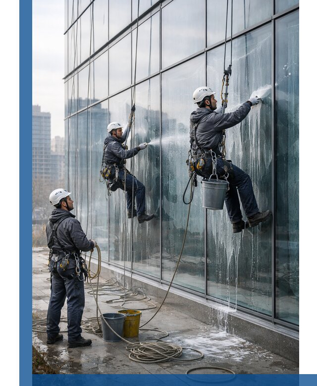 Промышленная мойка панорамных окон на высоте в Чапаевске