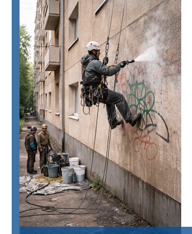 Удаление граффити с фасада в Чапаевске без следов и повреждений