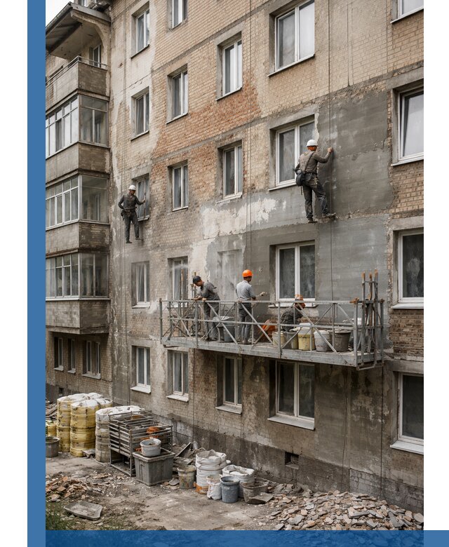 Капитальный ремонт фасада в Чапаевске с восстановлением и гидроизоляцией