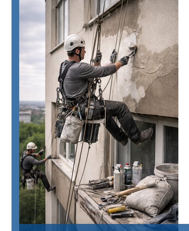 Косметический ремонт фасада зданий в Чапаевске промышленными альпинистами