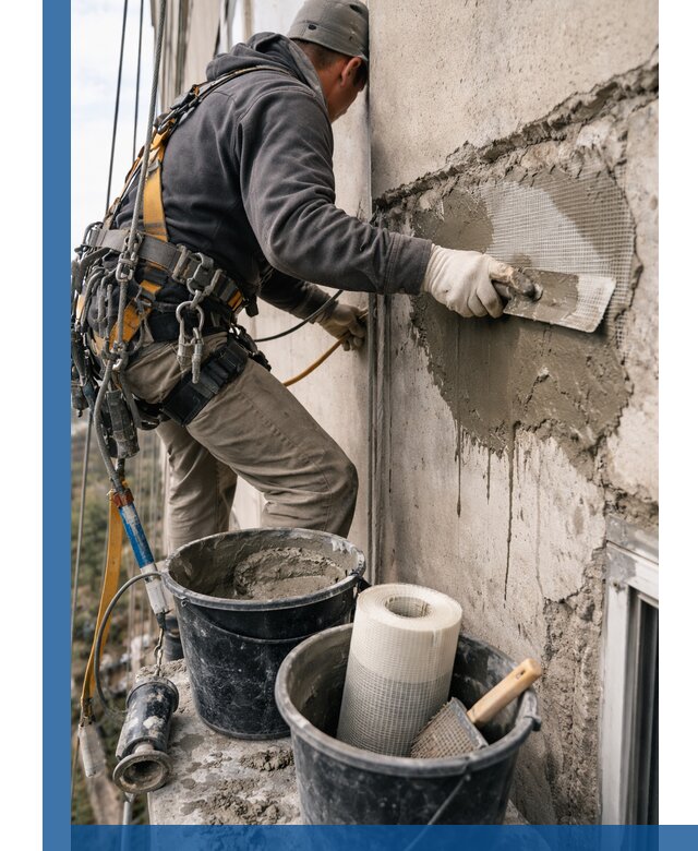 Ремонт бетонных элементов фасада промышленными альпинистами в Чапаевске