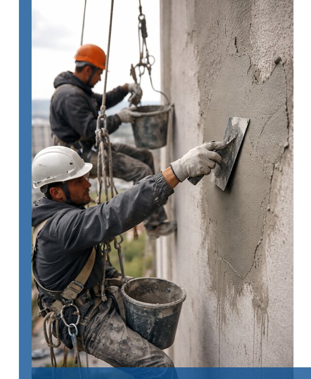 Штукатурка фасада на высоте в Чапаевске профессиональные работы