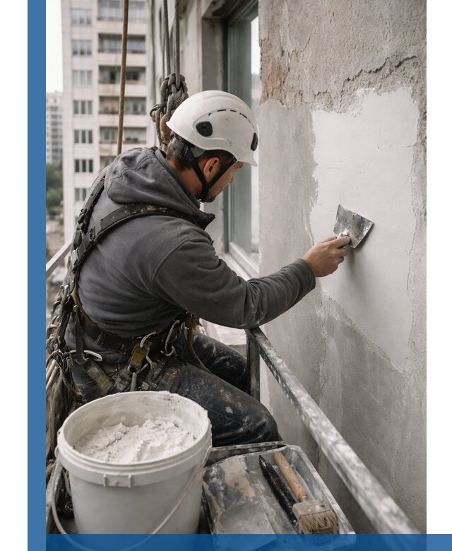 Шпаклевка фасадов на высоте с промальпинистами в Чапаевске