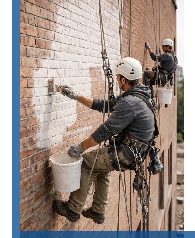 Покраска кирпичного фасада с доступным альпинистским сервисом в Чапаевске