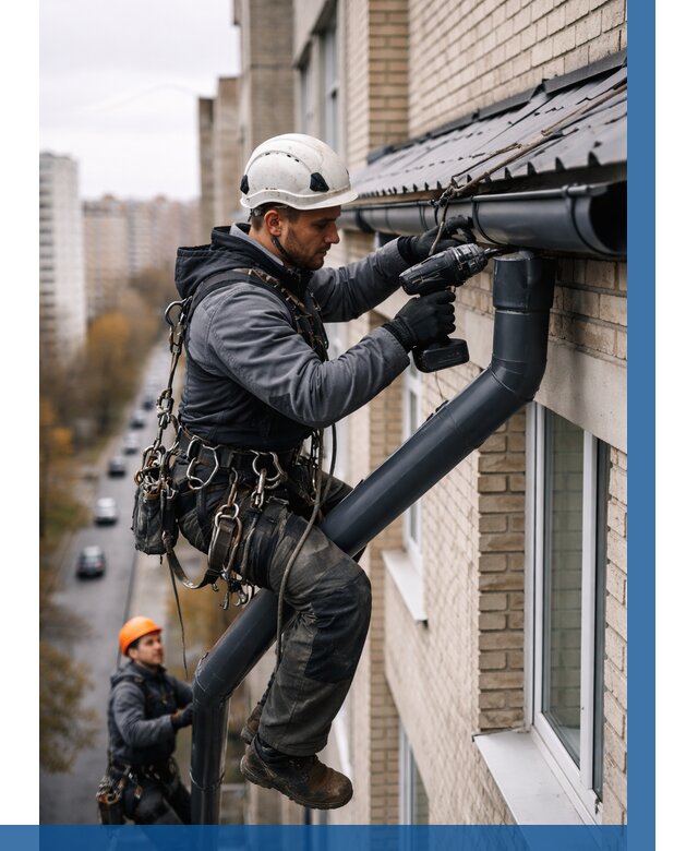 Монтаж водосточной системы на здании в Чапаевске от 5108 р. | ВЫСОТНИК-Чпв