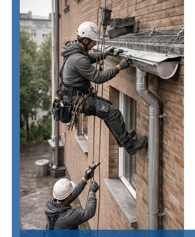 Монтаж водосточной системы на здании в Чапаевске под ключ