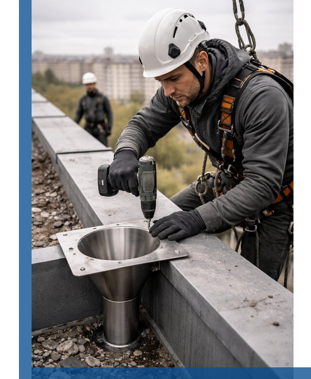 Монтаж водосточных воронок в Чапаевске для промышленных зданий