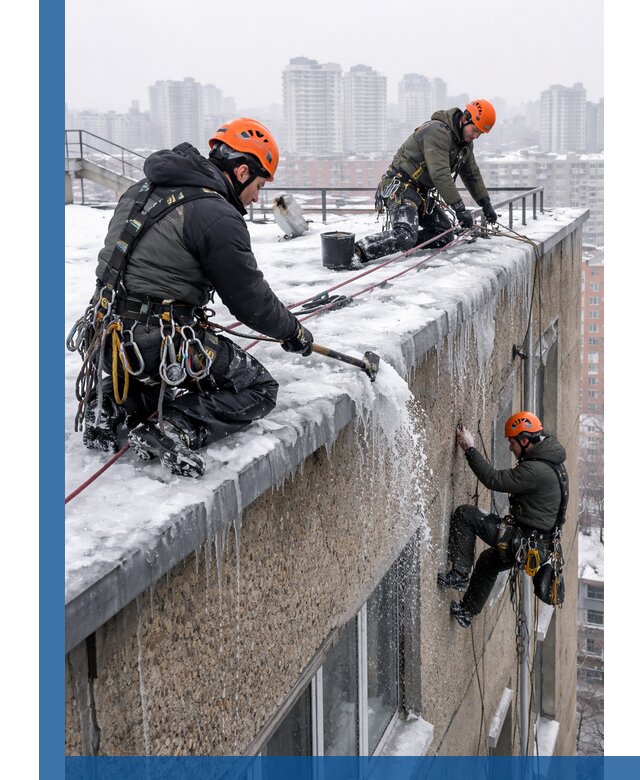 Удаление наледи с кровли в Чапаевске промышленными альпинистами