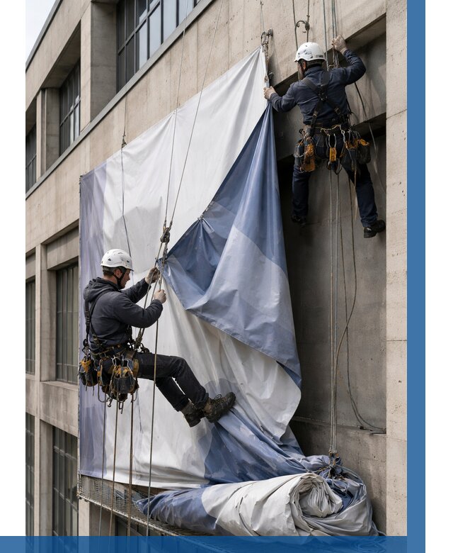 Демонтаж баннеров с фасада в Чапаевске от 4597 р. | ВЫСОТНИК-Чпв