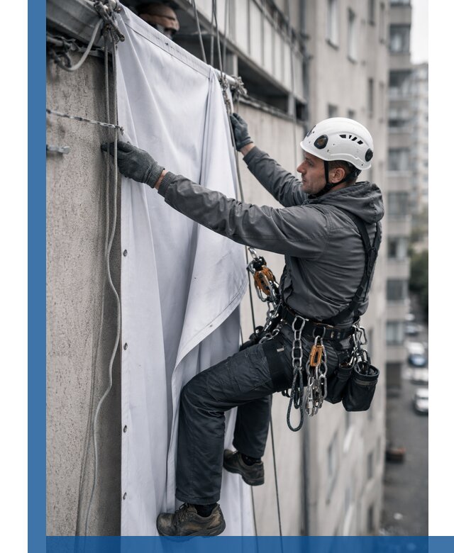 Замена баннерного полотна промышленными альпинистами в Чапаевске