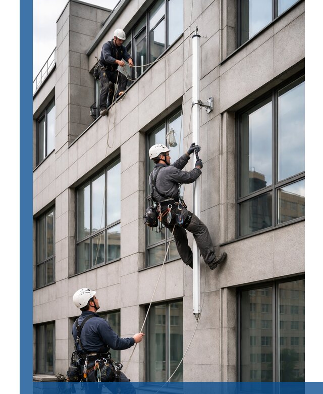 Монтаж флагштока на фасаде здания с креплением и герметикой в Чапаевске