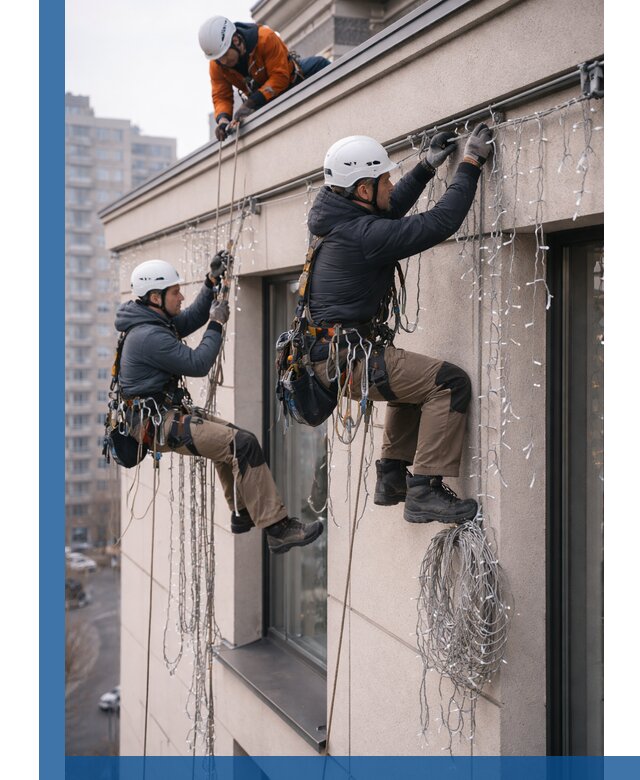 Монтаж праздничных гирлянд на фасаде в Чапаевске для зданий