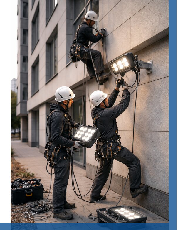 Монтаж прожекторов на фасаде в Чапаевске от 7661 р. | ВЫСОТНИК-Чпв