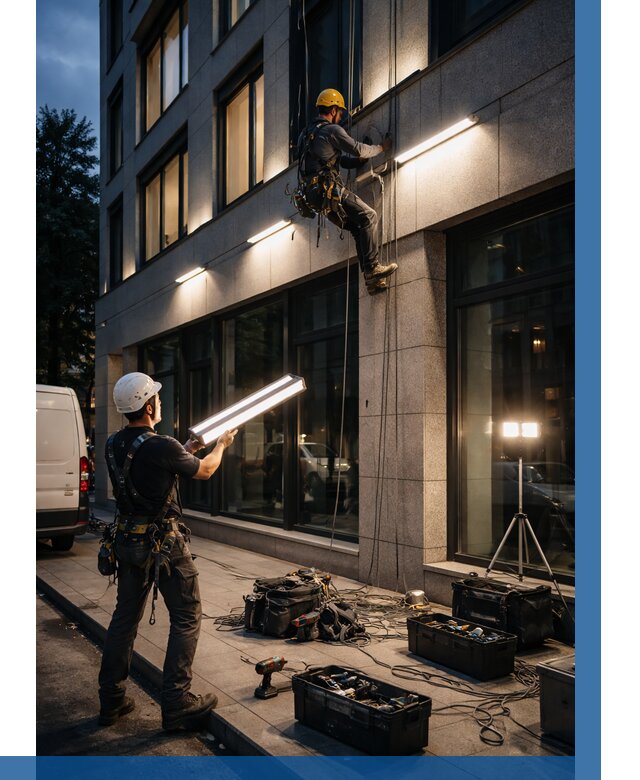 Монтаж архитектурной подсветки здания в Чапаевске от 2554 р.|ВЫСОТНИК-Чпв