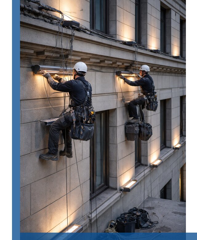 Монтаж архитектурной подсветки фасадов зданий в Чапаевске