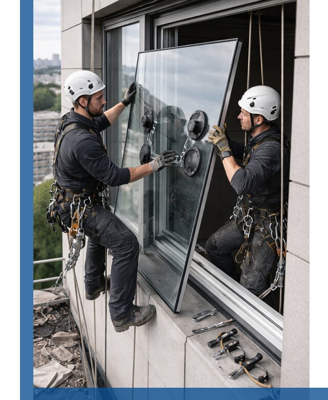 Замена стеклопакетов на высоте с промышленными альпинистами в Чапаевске