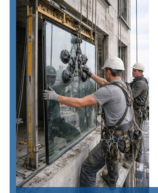 Монтаж стеклопакетов на высоте в Чапаевске с промышленным альпинизмом