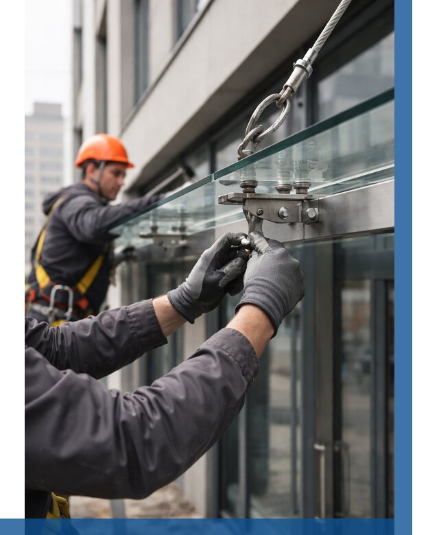 Монтаж стеклянных козырьков в Чапаевске от 8683 р. | ВЫСОТНИК-Чпв