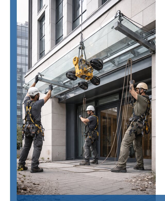 Монтаж стеклянных козырьков под ключ в Чапаевске для зданий