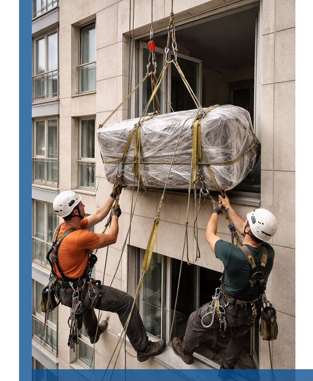 Подъем грузов через окно в Чапаевске промышленными альпинистами