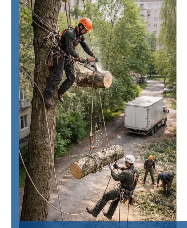 Спил деревьев альпинистами в Чапаевске, безопасно и без повреждений
