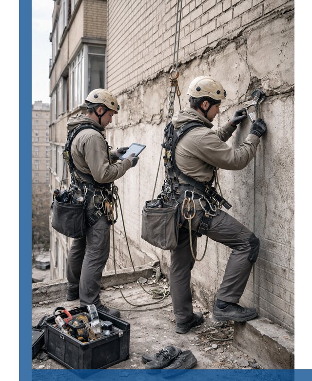 Обследование фасада промышленными альпинистами в Чапаевске